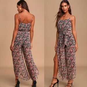 Lulus Flow With Me Black Floral Print Wide-Leg Jumpsuit Size Medium